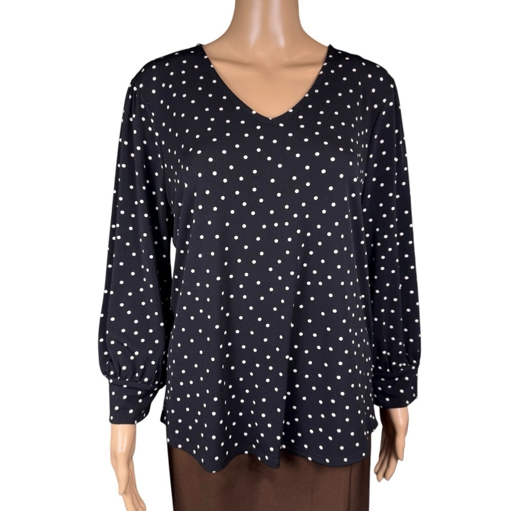 Adrianna Papell 3/4 Sleeve V-Neck Polka Dot Blouse Size L